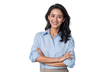 Portrait of a smiling female executive in casual outfit with arms crossed, isolated on transparent background