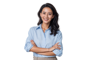 Portrait of a smiling female executive in casual outfit with arms crossed, isolated on transparent background