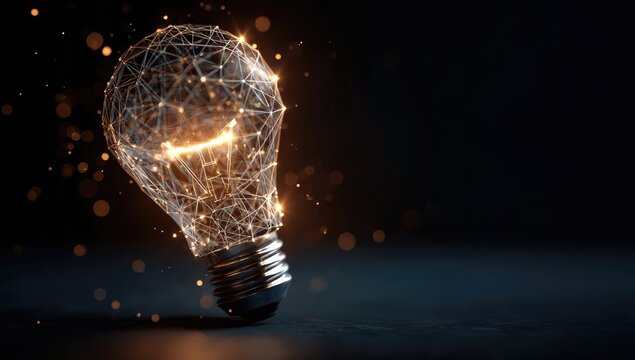 A glowing lightbulb,  depicting innovation and technology.  Connections and light particles surround it.  Dark background enhances the illumination