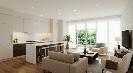 Fototapeta premium Modern apartment living room with open kitchen and natural light