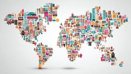 Obraz premium World map filled with diverse icons of buildings and landmarks