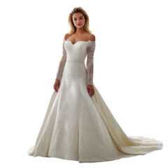 Elegant off the shoulder wedding dress with long lace sleeves and train isolated on transparent background