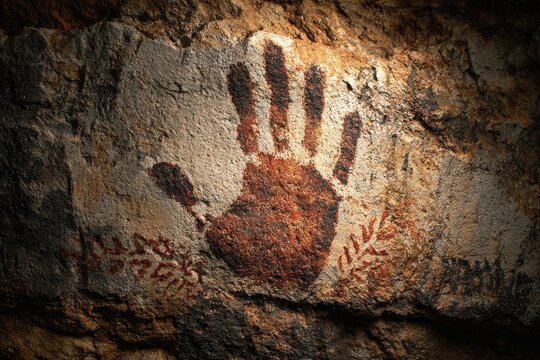 A reddish-brown handprint, possibly ancient, is stenciled onto a rough, textured cave wall. Flanking it are smaller, stylized markings resembling foliage. The overall effect is one of age and mystery