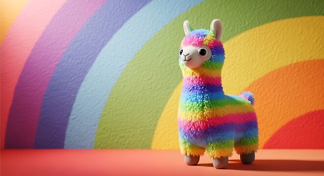 Colorful Plush Llama Toy with Rainbow Pattern on Vibrant Background.