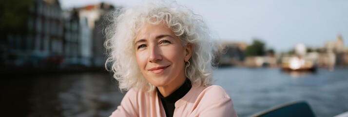 Confident caucasian mature female with curly hair smiling outdoors near water