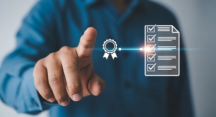 Person pointing at digital checklist with award ribbon and checkmarks Keywords: checklist, to-do