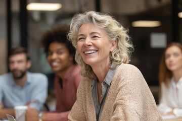 Joyful Experienced Mentor Engaging Young Interns in Lively Group Training Session