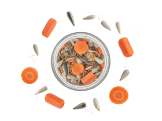 Healthy bird seed mix with carrot pieces in a jar isolated on transparent background
