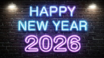 Obraz premium A display of bright neon lights shows the words Happy New Year 2026. This scene is set on a brick wall and captures the festive spirit of Christmas and new year celebrations