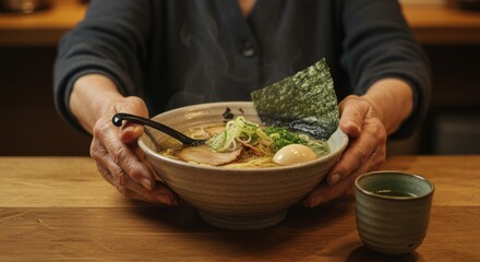 Person holding a bowl of ramen with seaweed, egg, and scallions on a wooden table surface