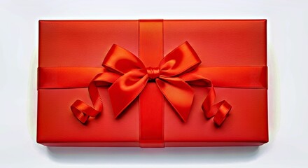 Celebration Gift Box: Red Bow & Ribbon, Neat Packaging, White Background