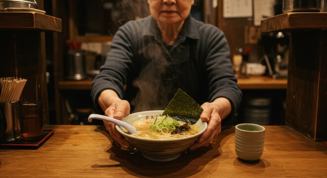 Woman presenting a steaming bowl of ramen with seaweed and green onions in a restaurant setting