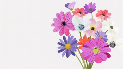 Blooming Charm: Delightful Picture of Flower Bouquet on White Cartoon Background – Vibrant Roses with Curved Petals, Sunflowers with Big Smiling Centers, Fluffy Daisies,