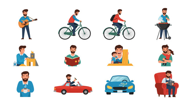Illustrations of a man engaging in diverse activities and scenarios in various settings and situations