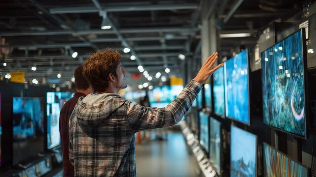 Two men browse televisions in an electronics store with one reaching out to touch a screen indicating an interactive shopping experience