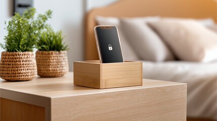  a smartphone placed inside a small wooden box, warm morning light, clean and tidy bedroom background,screen of the phone displays a white  keylocked icon