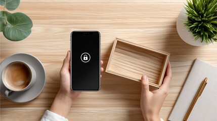 Minimalist wooden desk with hand holding smartphone box – lifestyle concept for digital detox and mindfulness