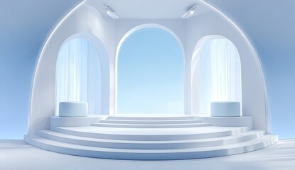 Soft, pastel-blue arched room with tiered podium