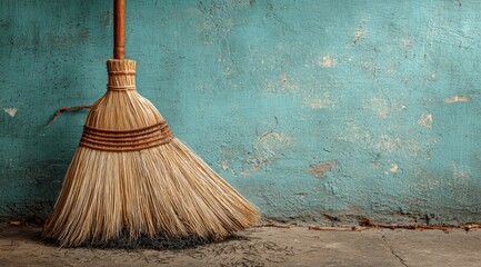 Broom leaning against teal wall (1)
