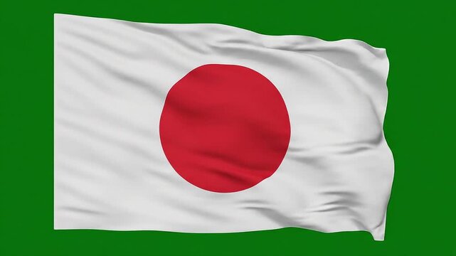 Realistic Japanese flag waving in the wind on a green screen background for chroma key.