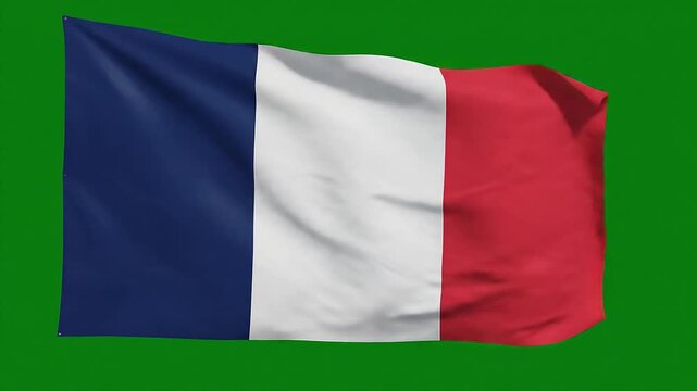 The national flag of France waving realistically in the wind against a green screen background for easy keying.