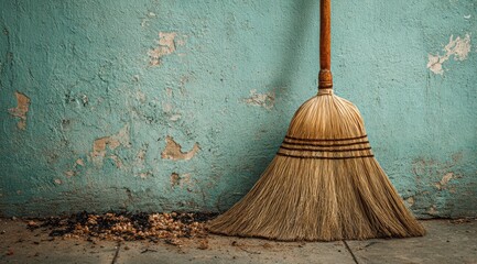 Aged broom leaning against a weathered wall.  Fallen debris at its base