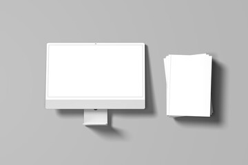 Mockup of modern desktop computer isolated on white background with book cover mockup design. blank book mockup shadow overlay