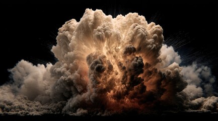 A massive, dramatic explosion erupts, sending a colossal cloud of tan and gray smoke billowing outward against a black background.  Intense light radiates from the center
