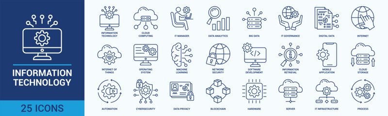 Information Technology icon set. Containing cloud computing, IT manager, big data, data analytics, internet, network security and more. Outline vector icons collection.