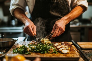 Chef preparing an organic meal using locally sourced ingredients in a warm, rustic kitchen. Sustainable cooking concept. Documentary-style natural light photo.