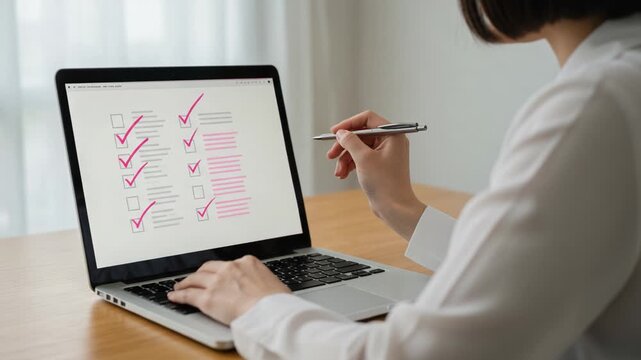A Focused Individual Engaging in Detailed Work on a Laptop, Methodically Reviewing a Checklist with Visible Marks of Completion in a Bright Office Setting