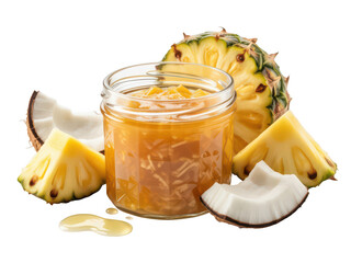 Glass jar of pineapple and coconut jam isolated on transparent background