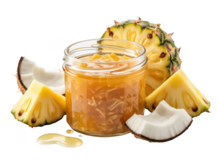 Glass jar of pineapple and coconut jam isolated on transparent background