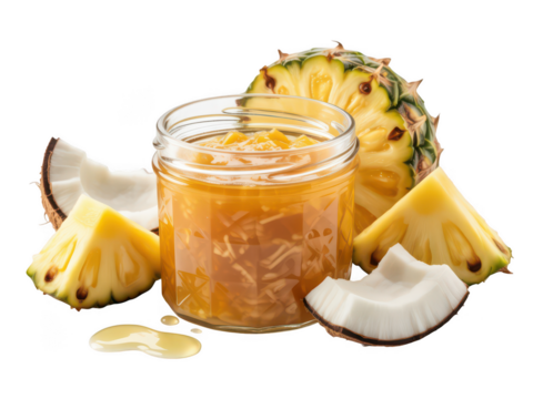 Glass jar of pineapple and coconut jam isolated on transparent background