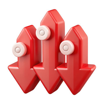 Three red downward arrows with white circular elements isolated on transparent background