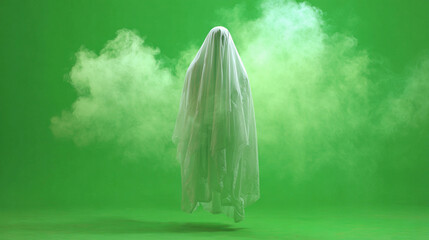 Ghost with white fabric and smoke on green screen