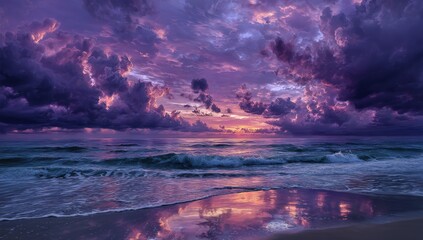 Dramatic sunset over a beach, vibrant clouds, tranquil ocean
