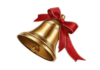 A golden Christmas bell with a red ribbon, isolated on a transparent background in PNG format.