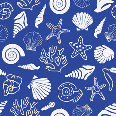 Seamless vector pattern with abstract sea shells, starfish, coral silhouettes. Contemporary art coastal summer background. Hand drawn beach print for wallpaper, wrapping paper, textile design
