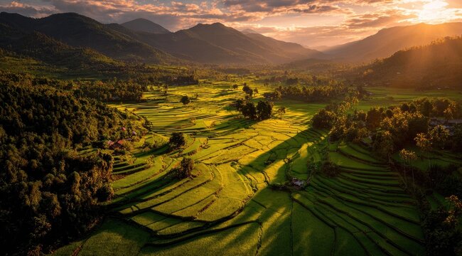 Aerial view of terraced rice paddies at sunset. Lush green fields winding down a valley flanked by forested mountains. Golden light bathes the landscape - Powered by Adobe