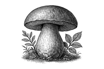 Intricate pen drawing of porcini mushroom with leaves and grass