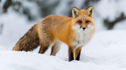 Obraz premium Alert Red Fox in Winter: Vulpes vulpes with Bushy Tail Wandering Through Fresh Snow in Canada