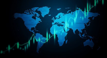 An illustration of global economic trends, featuring a world map and a rising green market graph.
