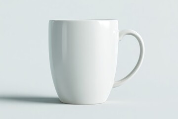Obraz premium A simple, elegant, white ceramic mug with a curved body and a C-shaped handle, sits on a pale-blue background casting a subtle shadow