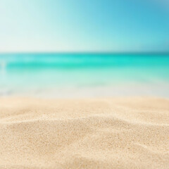 Obraz na płótnie Canvas Minimalist summer composition of warm golden beach sand with natural space for product placement or text overlay. Blue sky, sunlight and sea view with creative marketing summer vacation concept.