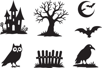 Spooky Halloween silhouettes: castle, bats, owl, crow, tree, fence