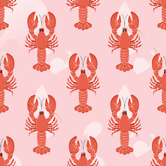 Stylish seamless pattern featuring red lobsters on a pink background. Minimal vector design perfect for summer textiles, packaging, wallpaper, wrapping paper, textile design, kitchen decor
