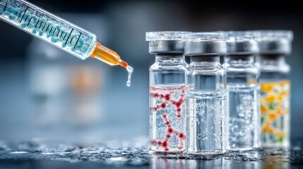 A syringe with orange liquid is being filled in front of glass vials containing various substances,