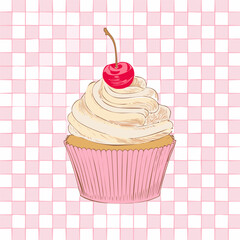 Vector illustration of a vintage-style cupcake with cherry on top, drawn in line art over a pink gingham background. Cute, retro, and perfect for bakery or dessert-themed designs