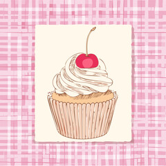 Vector illustration of a vintage-style cupcake with cherry on top, drawn in line art over a pink gingham background. Cute, retro, and perfect for bakery or dessert-themed designs